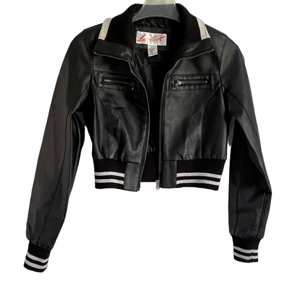 Lipstick Black Faux Leather Crop Jacket With Sparkly Silver Accents Medium